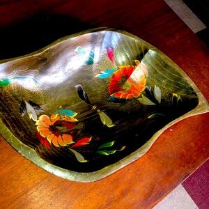 Tole Style Hand Carved Painted Wood Bowl Teak Wood Floral Primitive Decor